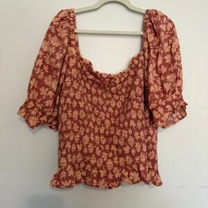 Gap Floral Ruched Puff Sleeve Boxy Square Neck Blouse Top Cotton Blend Size XXL